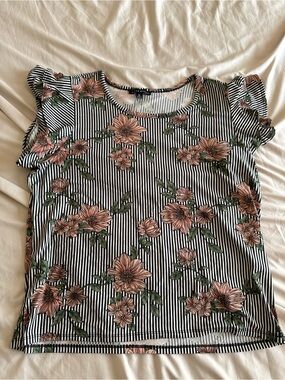 Haute Monde Black & White Striped Tee with Pink Floral Print
